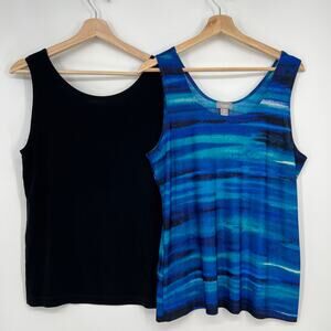 Chico's Travelers Tank Top Lot of 2 Womens Large / 2 Black Blue Print Cami Shell